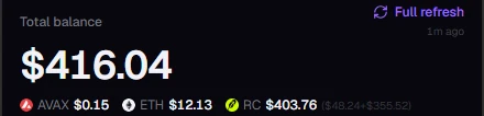Kist total balance of $416.04 across two wallets, split into AVAX $0.15, ETH $12.13 and Robinhood Chain $403.76