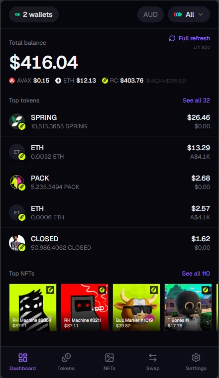 Kist dashboard: $416.04 total, $403.76 of it on Robinhood Chain, with Robinhood Chain tokens SPRING, PACK and CLOSED in the top tokens