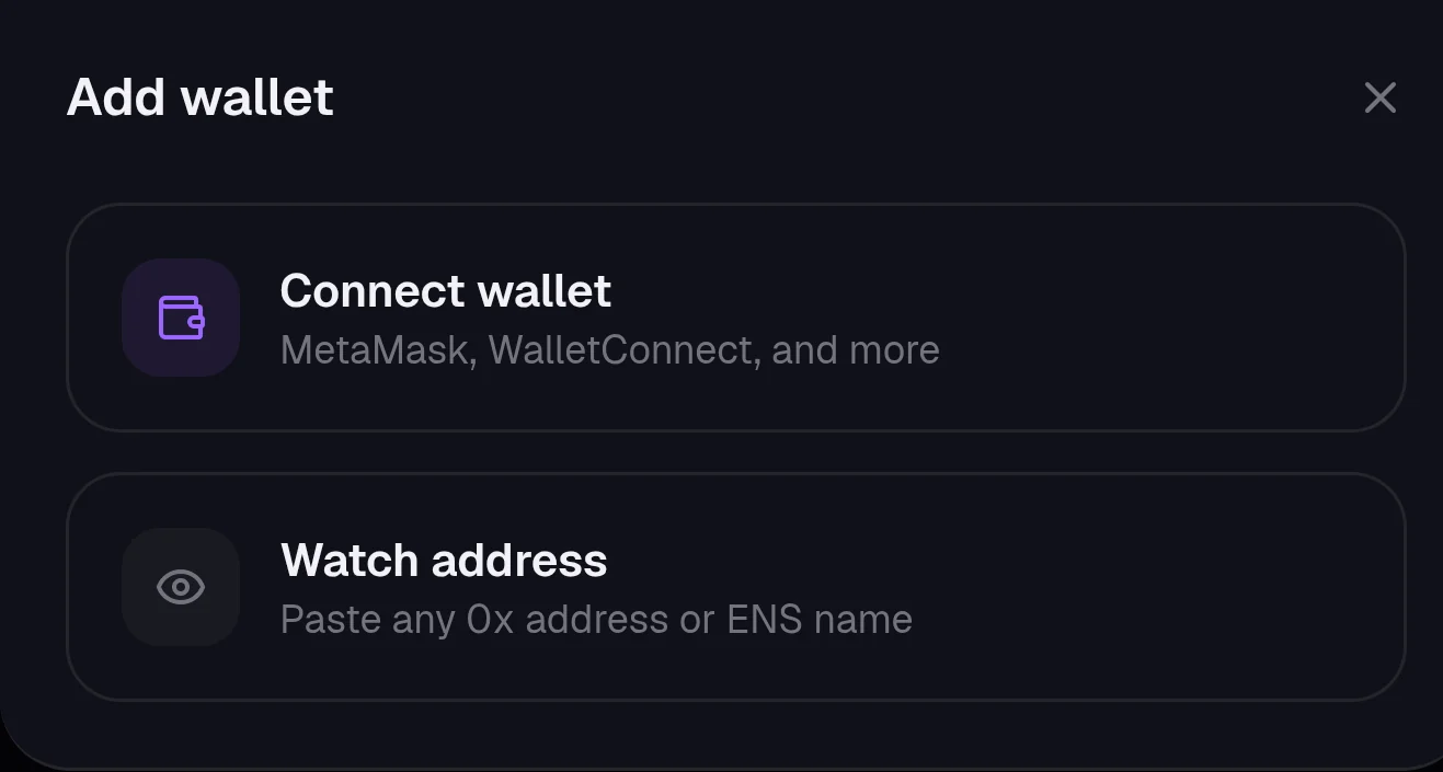 Kist Add wallet sheet with two choices: Connect wallet (MetaMask, WalletConnect and more) and Watch address (paste any 0x address or ENS name)