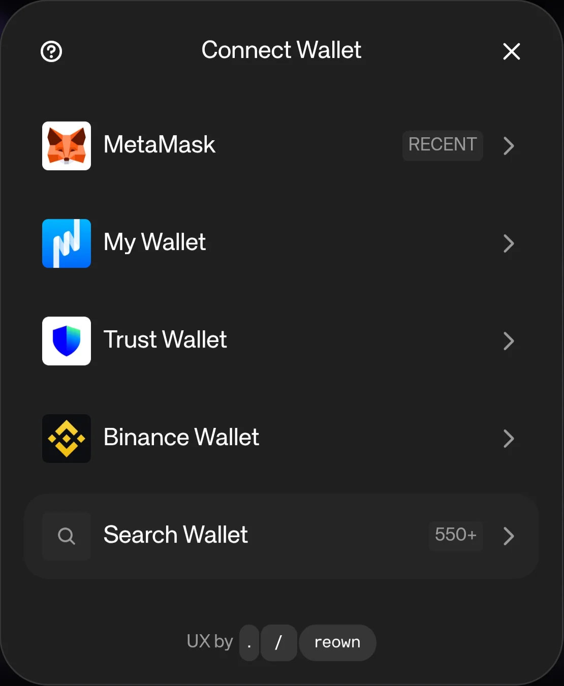 Connect Wallet window listing MetaMask, My Wallet, Trust Wallet and Binance Wallet, with Search Wallet for 550+ more