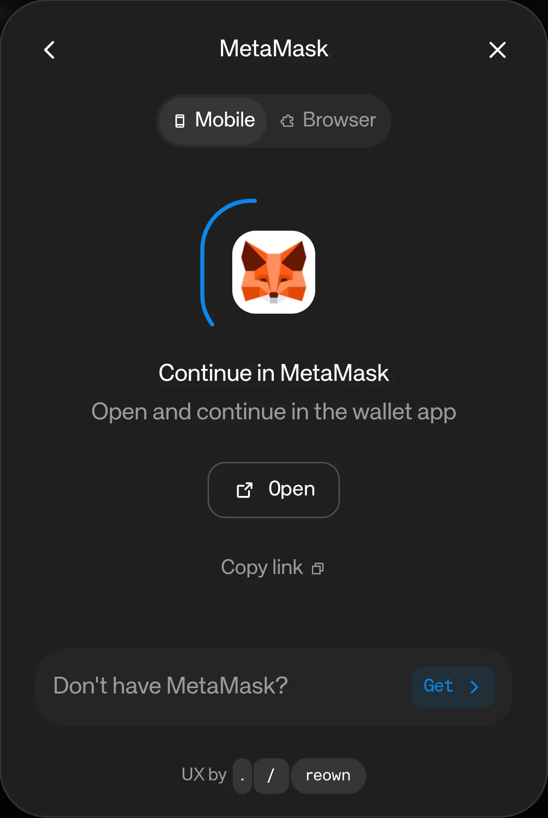 Continue in MetaMask screen with Mobile and Browser options and an Open button