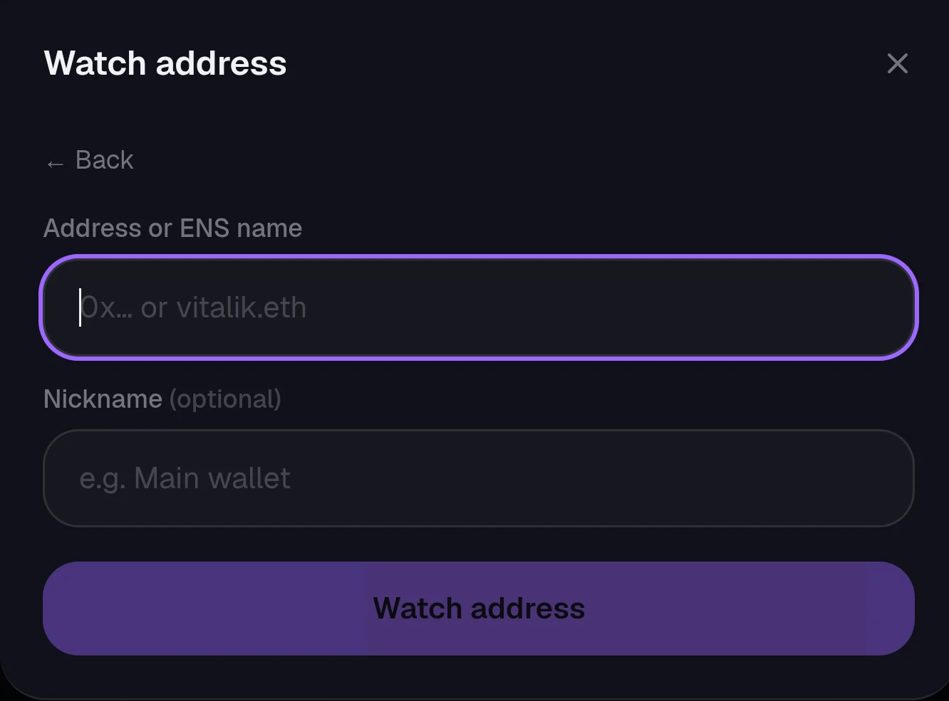 Kist Watch address form with fields for an address or ENS name and an optional nickname, and a Watch address button