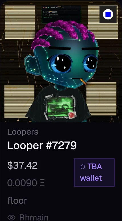 Looper #7279 from the Loopers collection on Base in Kist, priced at $37.42 floor with a TBA wallet badge