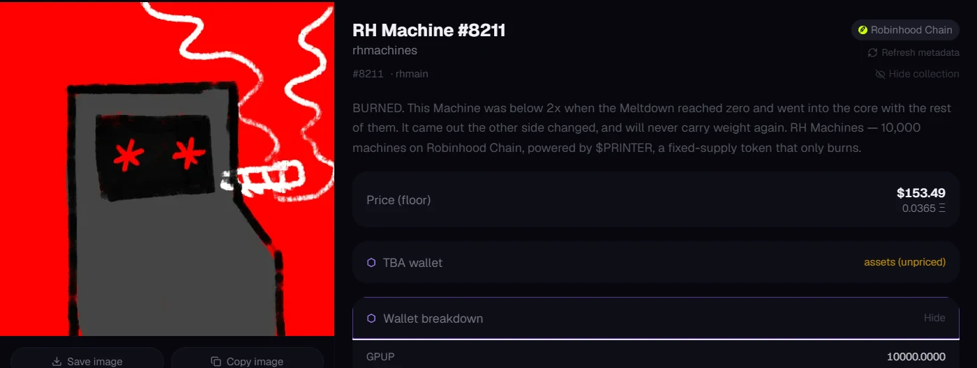 RH Machine #8211 in Kist: floor price $153.49, a TBA wallet with unpriced assets, and a wallet breakdown listing 10,000 GPUP