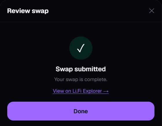 Swap submitted confirmation in Kist with a link to view it on Li.Fi Explorer
