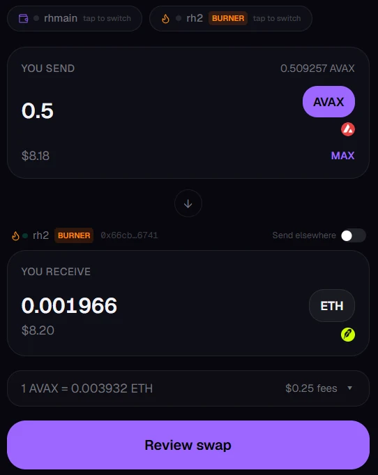 Kist swap screen sending 0.5 AVAX from Avalanche and receiving 0.001966 ETH on Robinhood Chain, with $0.25 in fees shown before review