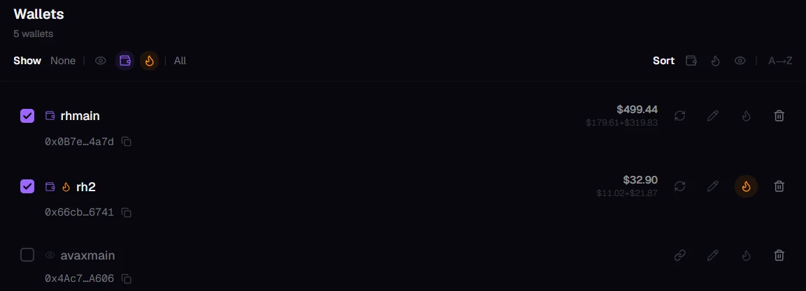 Kist wallets screen: rhmain and rh2, both connected before and ticked, counted at $499.44 and $32.90, rh2 tagged as a burner, and avaxmain added watch-only and unticked